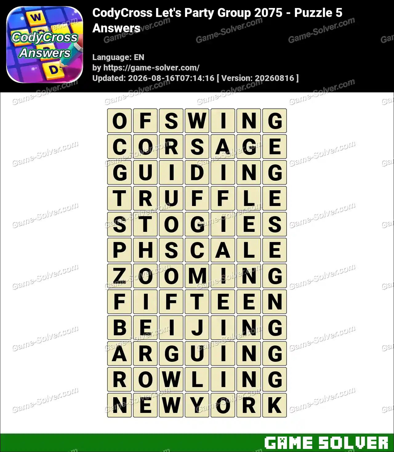 CodyCross Let’s Party Group 2075 – Puzzle 5 Answers